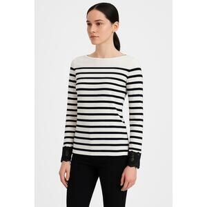 RHIE Top Womens Extra‎ Small Black White Striped Long Sleeve Embroidered Crew